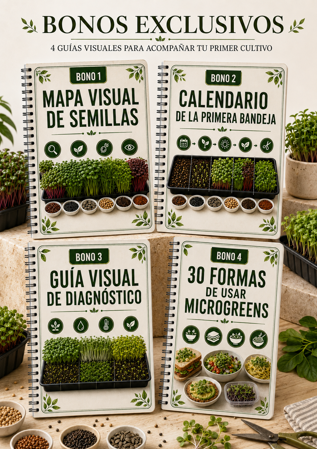 Cuatro bonos visuales sobre semillas, calendario, diagnóstico y formas de usar microgreens